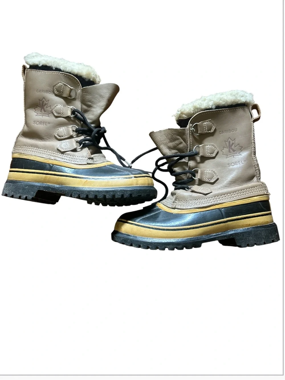 Vintage Sorel Caribou Insulated Winter Boots - Tan & Black with Cream Fur size:6
